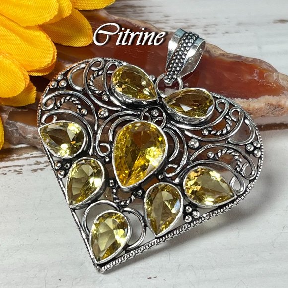 Heart Pendant Citrine Large Handmade Gemstone 924 Stamped Bohemian Sparkler New! - Picture 8 of 13